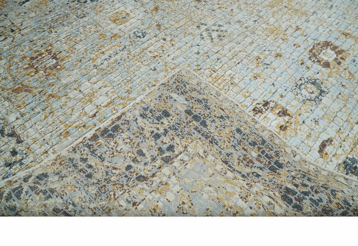 Antique look Aqua, Gold and Charcoal Hand Knotted Carved Texture Traditional Oriental Oushak 8x10 wool Area Rug - The Rug Decor