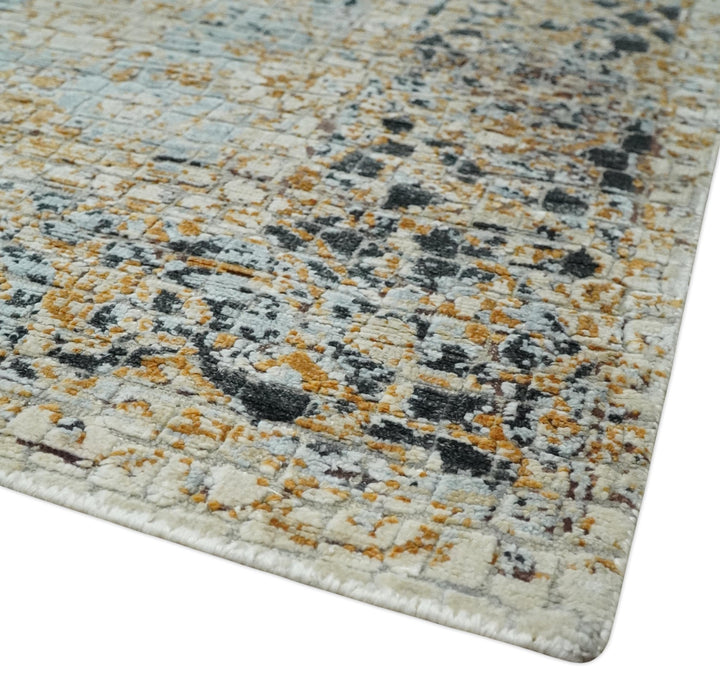 Antique look Aqua, Gold and Charcoal Hand Knotted Carved Texture Traditional Oriental Oushak 8x10 wool Area Rug - The Rug Decor