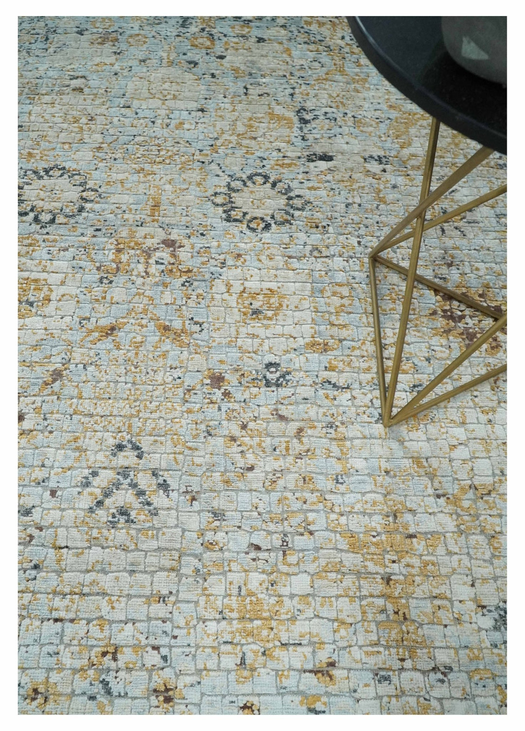 Antique look Aqua, Gold and Charcoal Hand Knotted Carved Texture Traditional Oriental Oushak 8x10 wool Area Rug - The Rug Decor