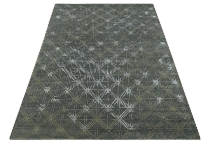 Antique look Charcoal, Ivory and Olive Geometrical Stripes Pattern Hand knotted 6x9 wool and Art Silk Area Rug - The Rug Decor
