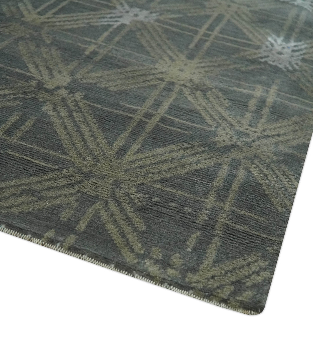 Antique look Charcoal, Ivory and Olive Geometrical Stripes Pattern Hand knotted 6x9 wool and Art Silk Area Rug - The Rug Decor