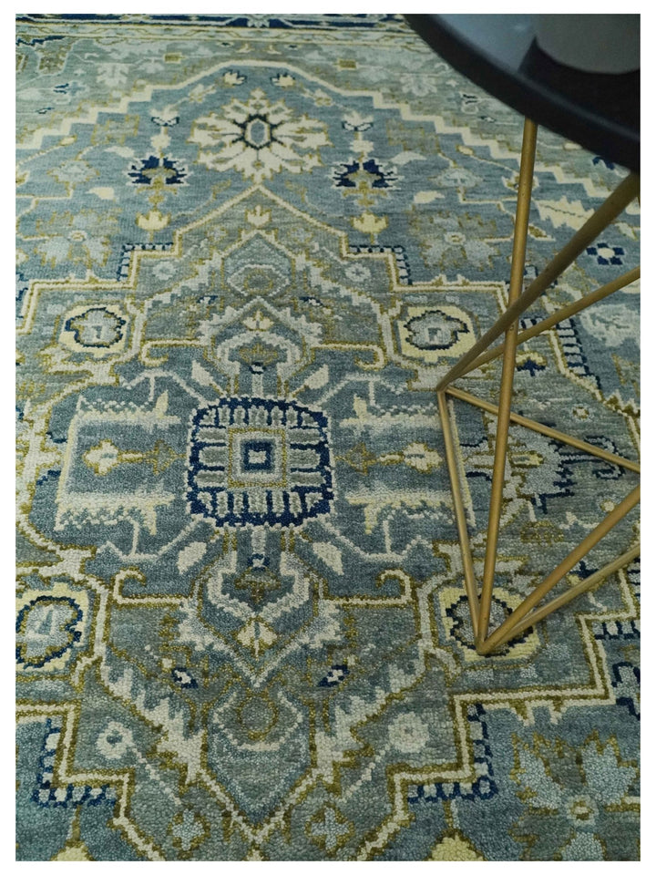 Antique look Gray, Olive and Blue 8x10 Traditional Heriz Hand Knotted wool Rug - The Rug Decor
