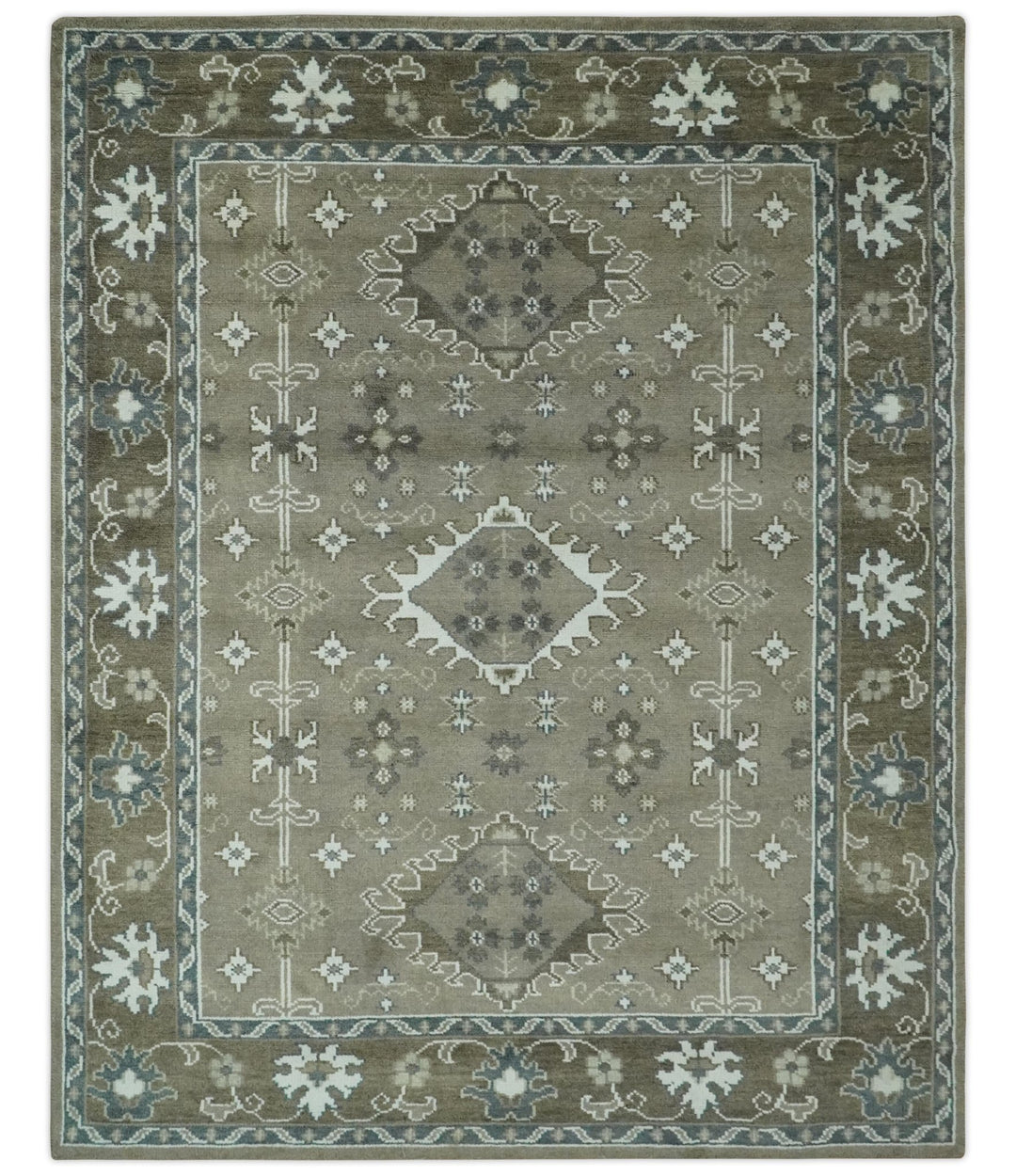 Antique look Grayish-Green and Ivory Hand Knotted Traditional Heriz Custom Made wool Area Rug - The Rug Decor