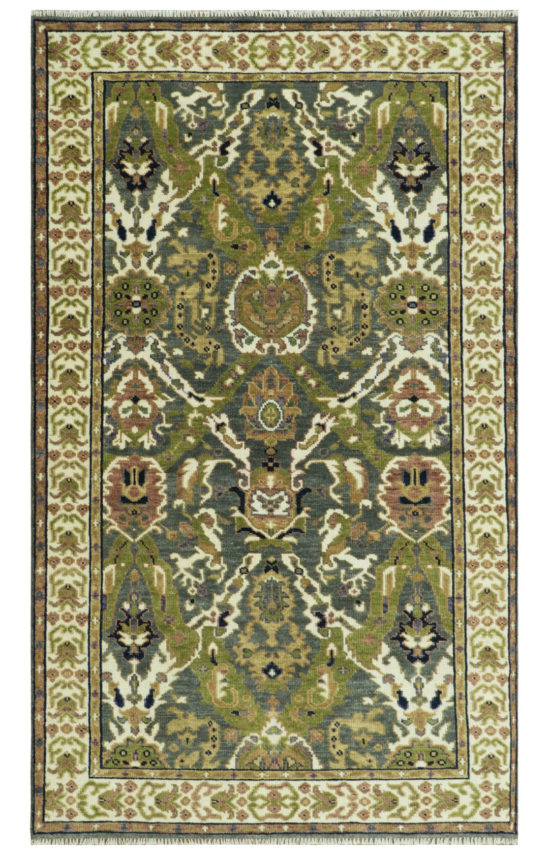 Antique look Hand knotted Green, Ivory and Gray Traditional Large design Multi Size wool Area Rug - The Rug Decor