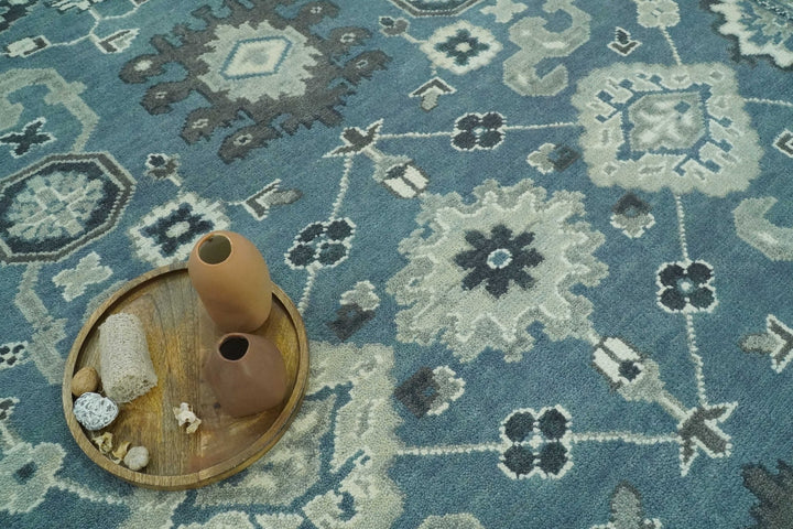 Antique look Shades of Teal and Ivory Traditional Oriental Oushak wool rug - The Rug Decor