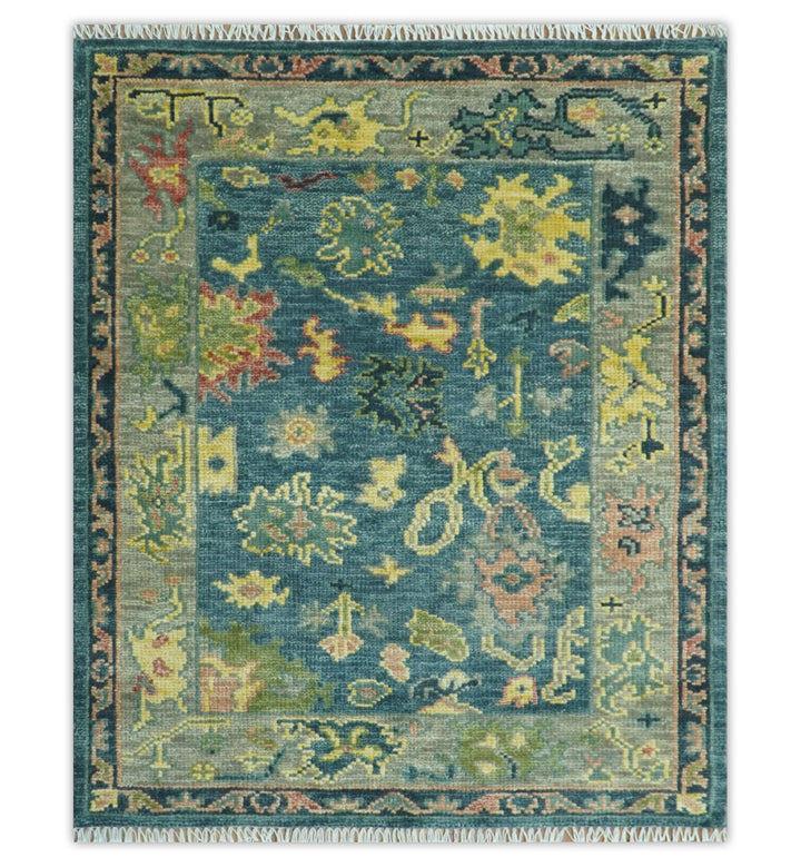 Antique look Teal and Olive Hand Knotted Traditional Oushak Custom Made wool rug - The Rug Decor