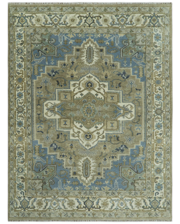 Antique Olive, Blue and Ivory Heriz Serapi Multi Size Wool Area Rug - The Rug Decor