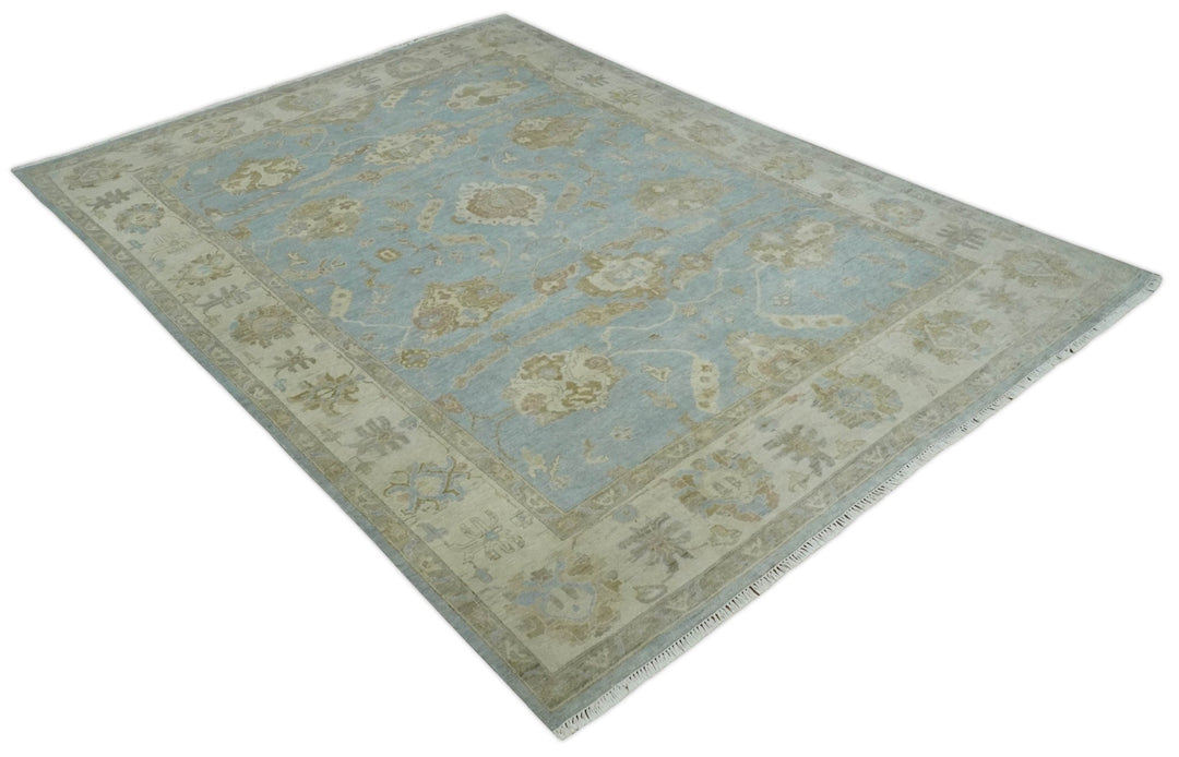 Antique style Aqua and Beige Hand knotted Traditional Oushak wool Area Rug - The Rug Decor