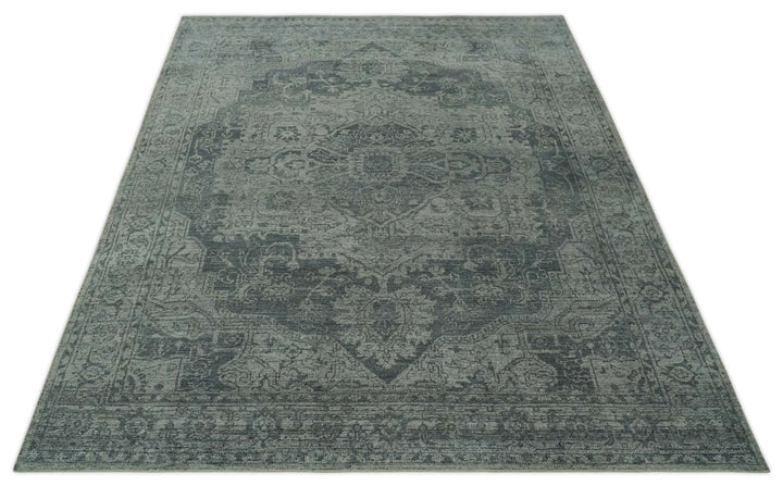 Antique Style Charcoal and Silver Traditional Heriz Medallion 8x10 wool Area Rug - The Rug Decor