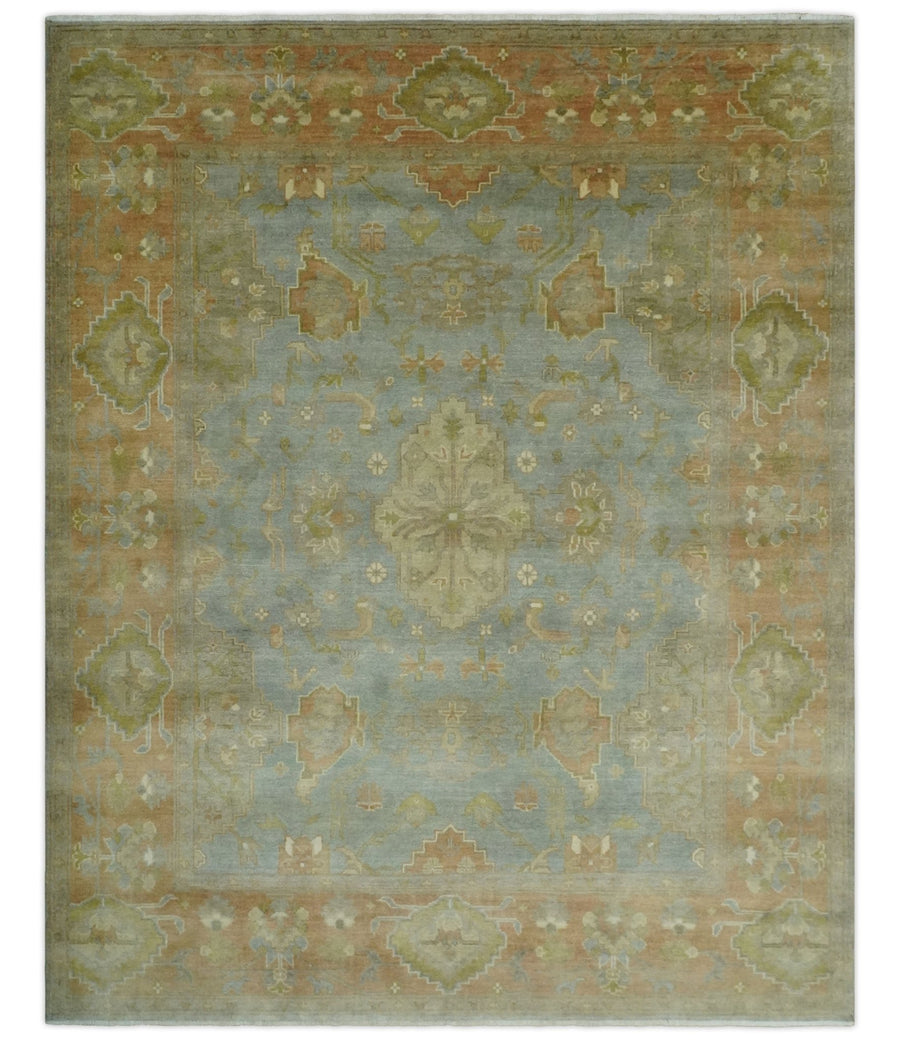Antique style Gray, Rust and Green Hand Knotted 8x10 Oriental Oushak wool Area Rug - The Rug Decor