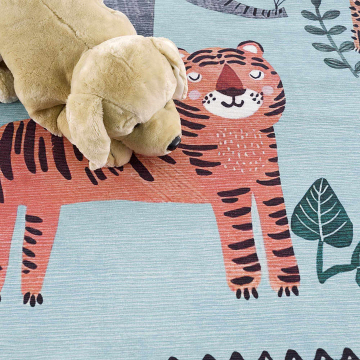 Aqua Colorful Animal Jungle Printed Washable Kids Rug - The Rug Decor