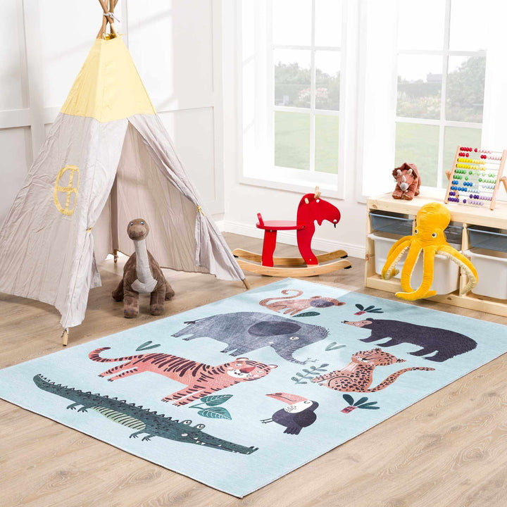 Aqua Colorful Animal Jungle Printed Washable Kids Rug - The Rug Decor