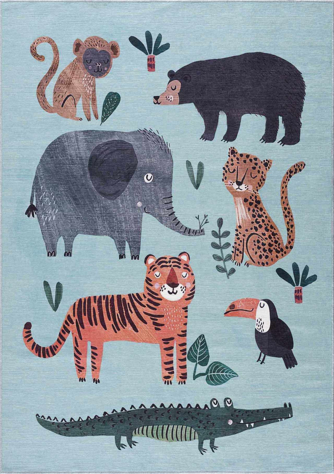 Aqua Colorful Animal Jungle Printed Washable Kids Rug - The Rug Decor