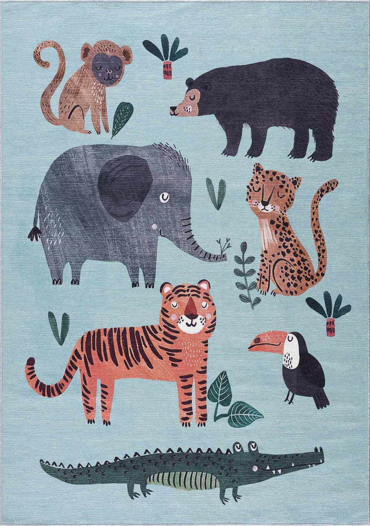 Aqua Colorful Animal Jungle Printed Washable Kids Rug - The Rug Decor