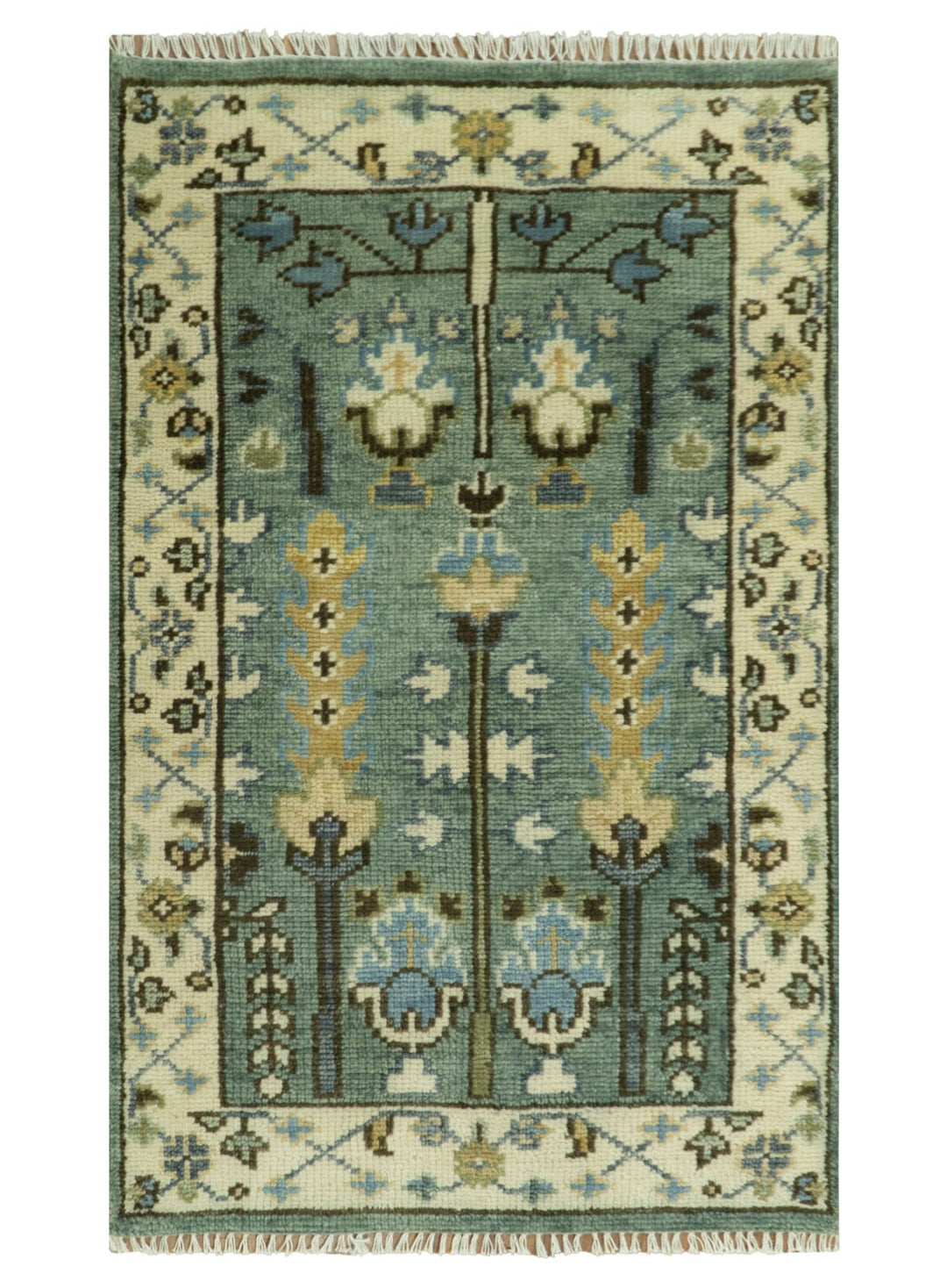 Aqua Hand Knotted Green and Ivory Traditional Turkish Vintage Style Wool Rug - The Rug Decor