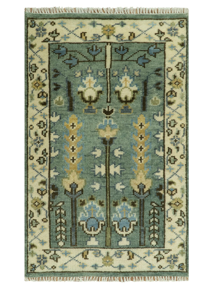 Aqua Hand Knotted Green and Ivory Traditional Turkish Vintage Style Wool Rug - The Rug Decor