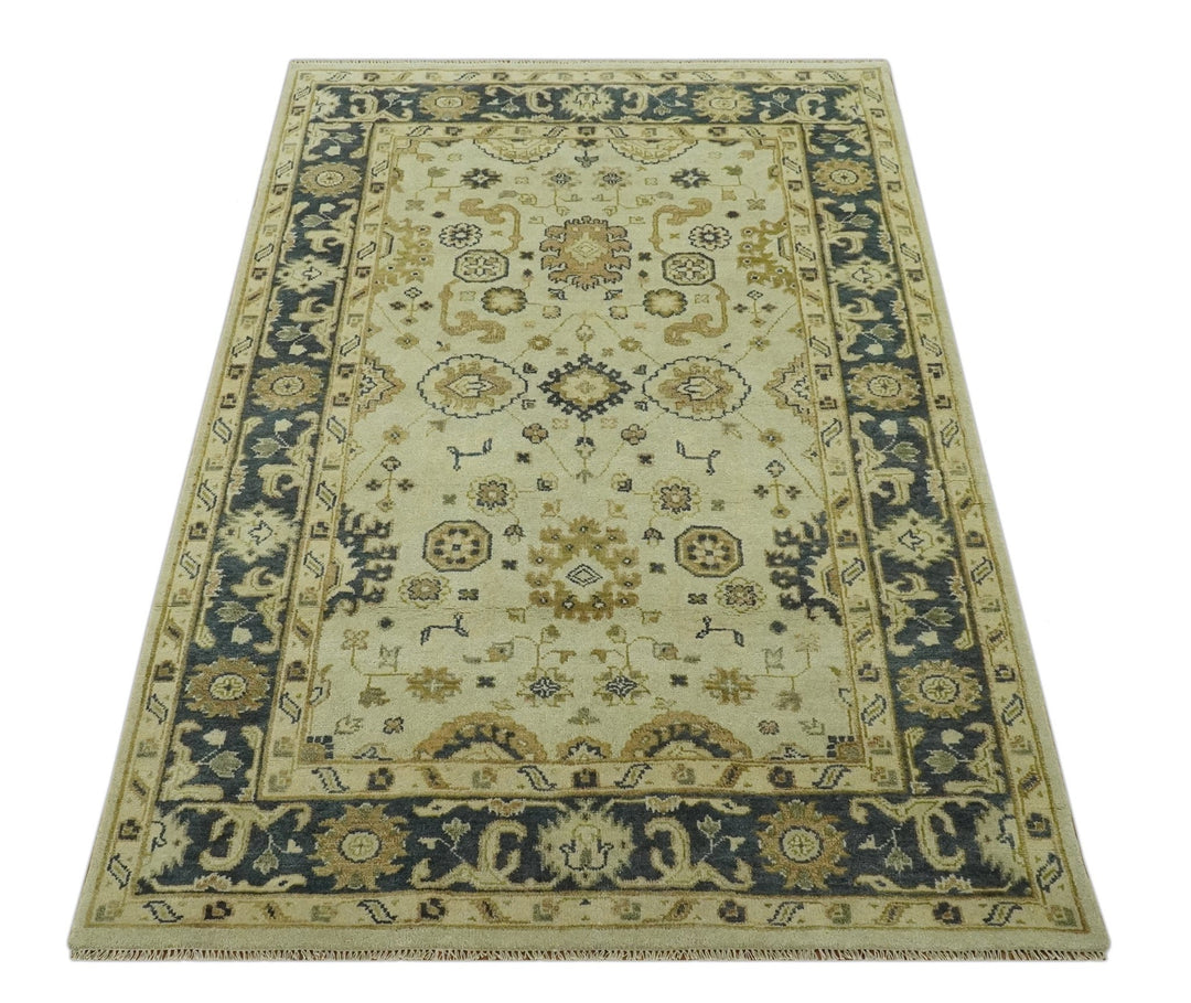 Beige and Charcoal 6x9 Hand Knotted Traditional Oriental Oushak wool area rug - The Rug Decor