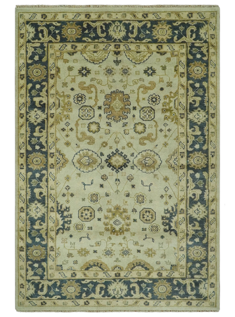 Beige and Charcoal 6x9 Hand Knotted Traditional Oriental Oushak wool area rug - The Rug Decor