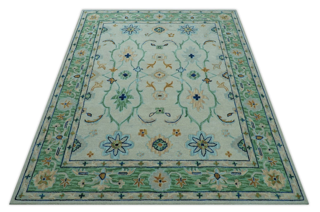 Beige and Green traditional Floral Oriental Oushak Hand Tufted Multi Size wool rug - The Rug Decor