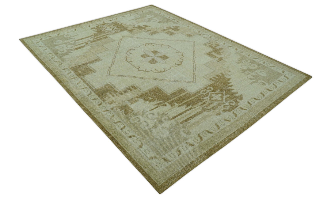Beige and Olive 8x10 Hand Knotted Traditional Low Pile wool area rug - The Rug Decor