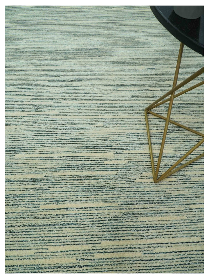 Beige and Teal 8x10 Modern stripes Design Hand Tufted wool area rug - The Rug Decor