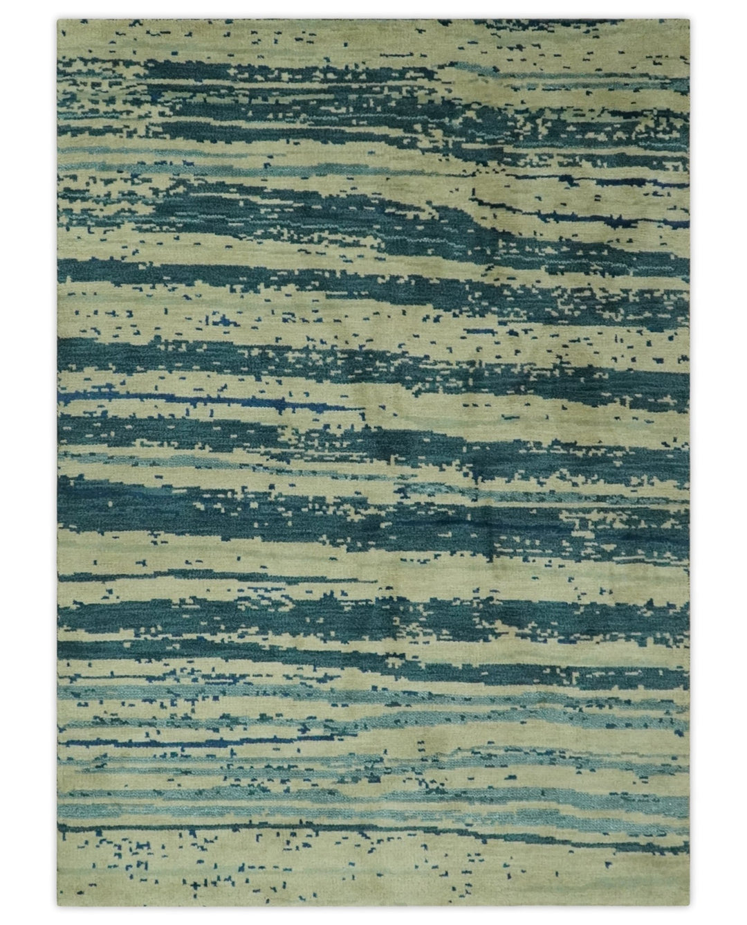Beige and Teal Modern stripes Design Hand Knotted 5x7 wool Area Rug - The Rug Decor