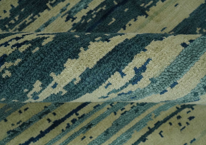 Beige and Teal Modern stripes Design Hand Knotted 5x7 wool Area Rug - The Rug Decor