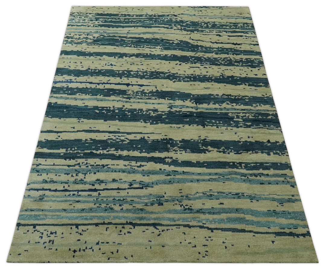 Beige and Teal Modern stripes Design Hand Knotted 5x7 wool Area Rug - The Rug Decor