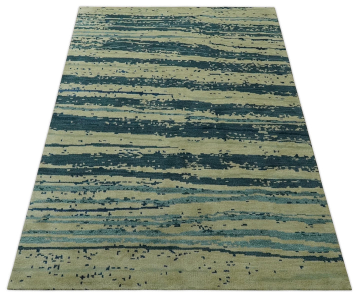 Beige and Teal Modern stripes Design Hand Knotted 5x7 wool Area Rug - The Rug Decor