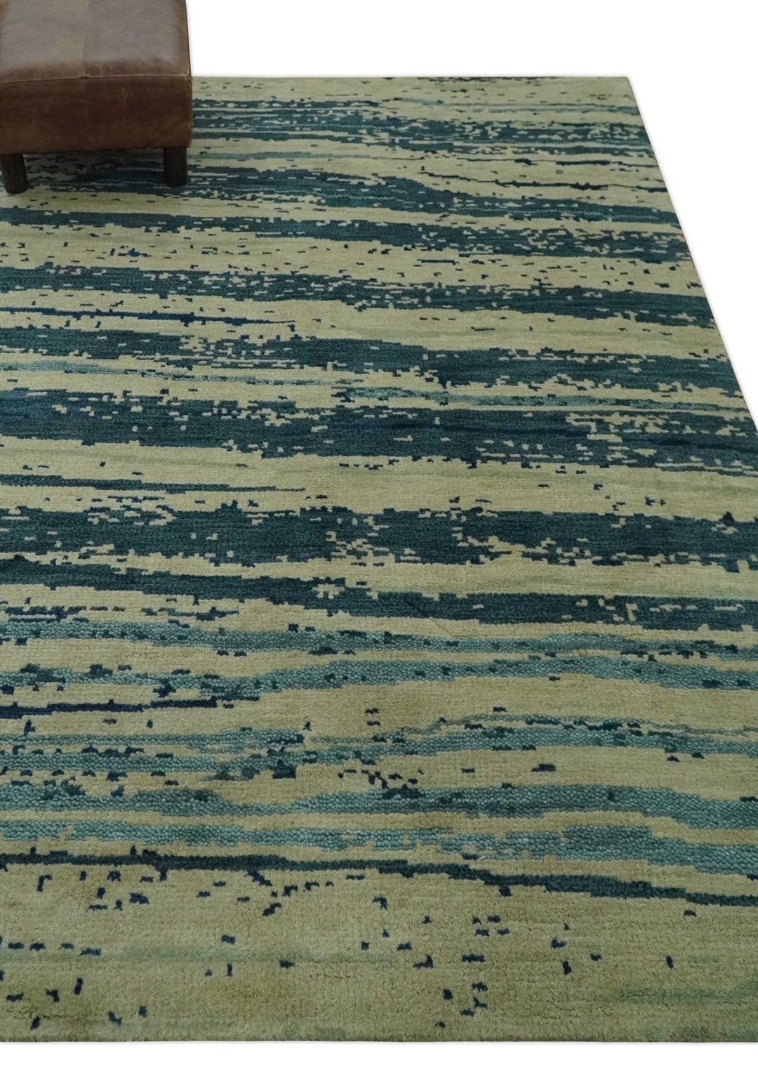 Beige and Teal Modern stripes Design Hand Knotted 5x7 wool Area Rug - The Rug Decor