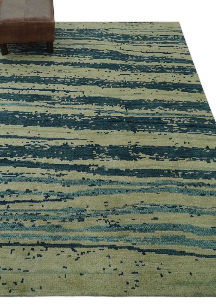 Beige and Teal Modern stripes Design Hand Knotted 5x7 wool Area Rug - The Rug Decor