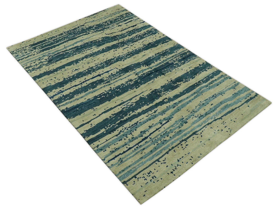 Beige and Teal Modern stripes Design Hand Knotted 5x7 wool Area Rug - The Rug Decor
