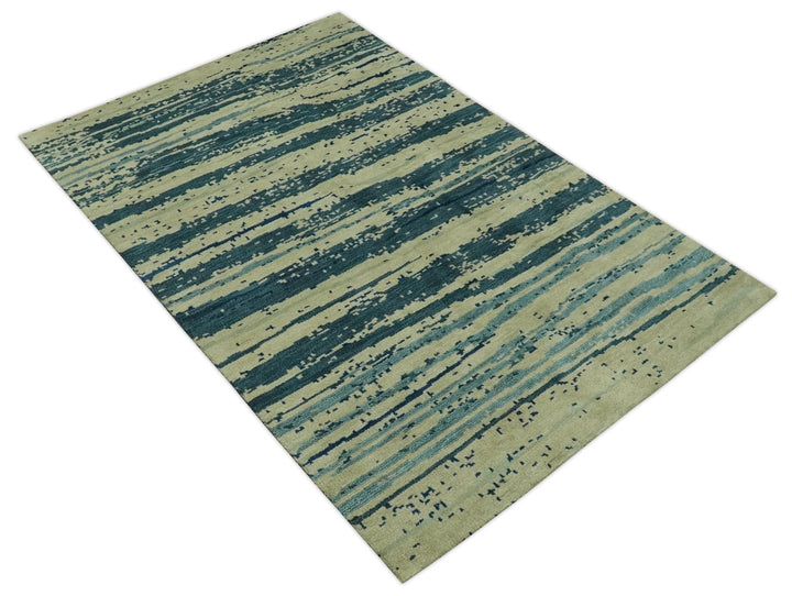 Beige and Teal Modern stripes Design Hand Knotted 5x7 wool Area Rug - The Rug Decor