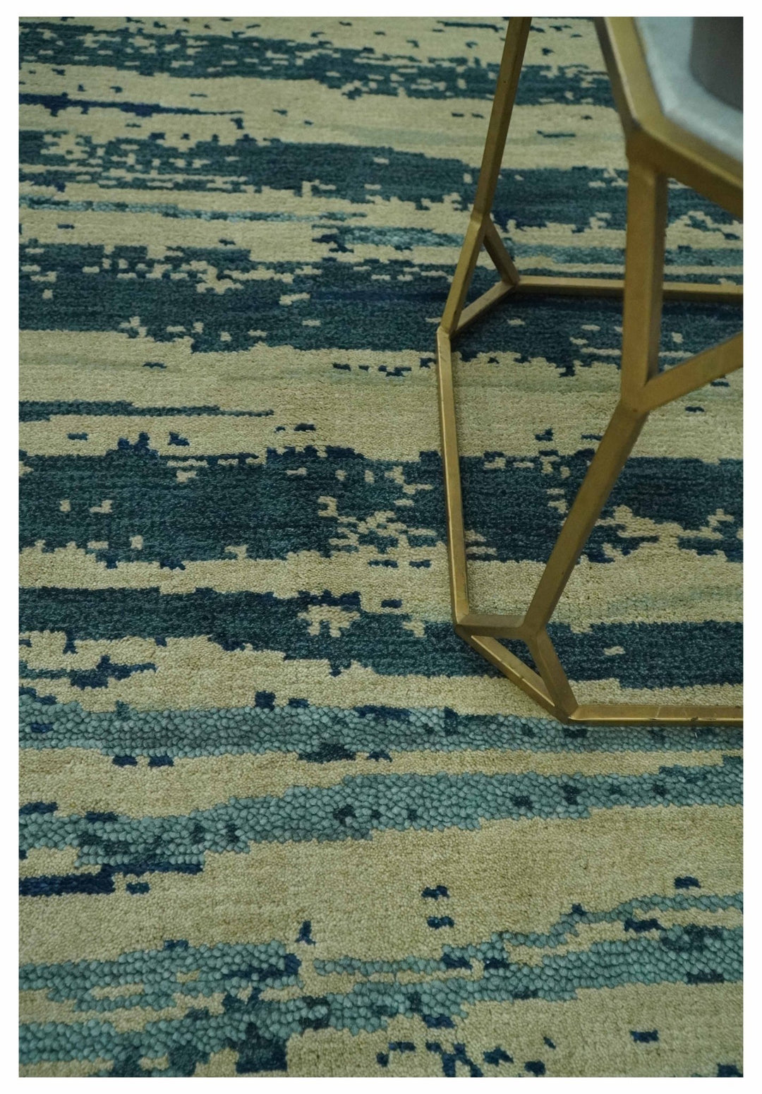 Beige and Teal Modern stripes Design Hand Knotted 5x7 wool Area Rug - The Rug Decor