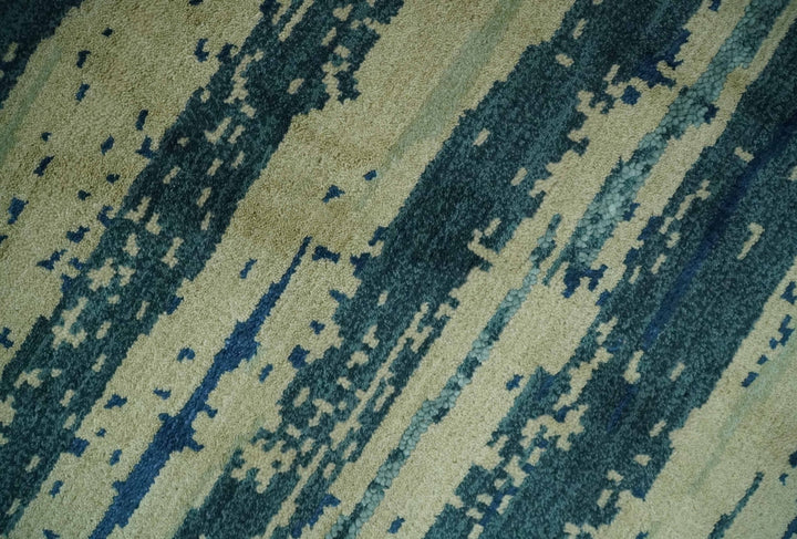 Beige and Teal Modern stripes Design Hand Knotted 5x7 wool Area Rug - The Rug Decor