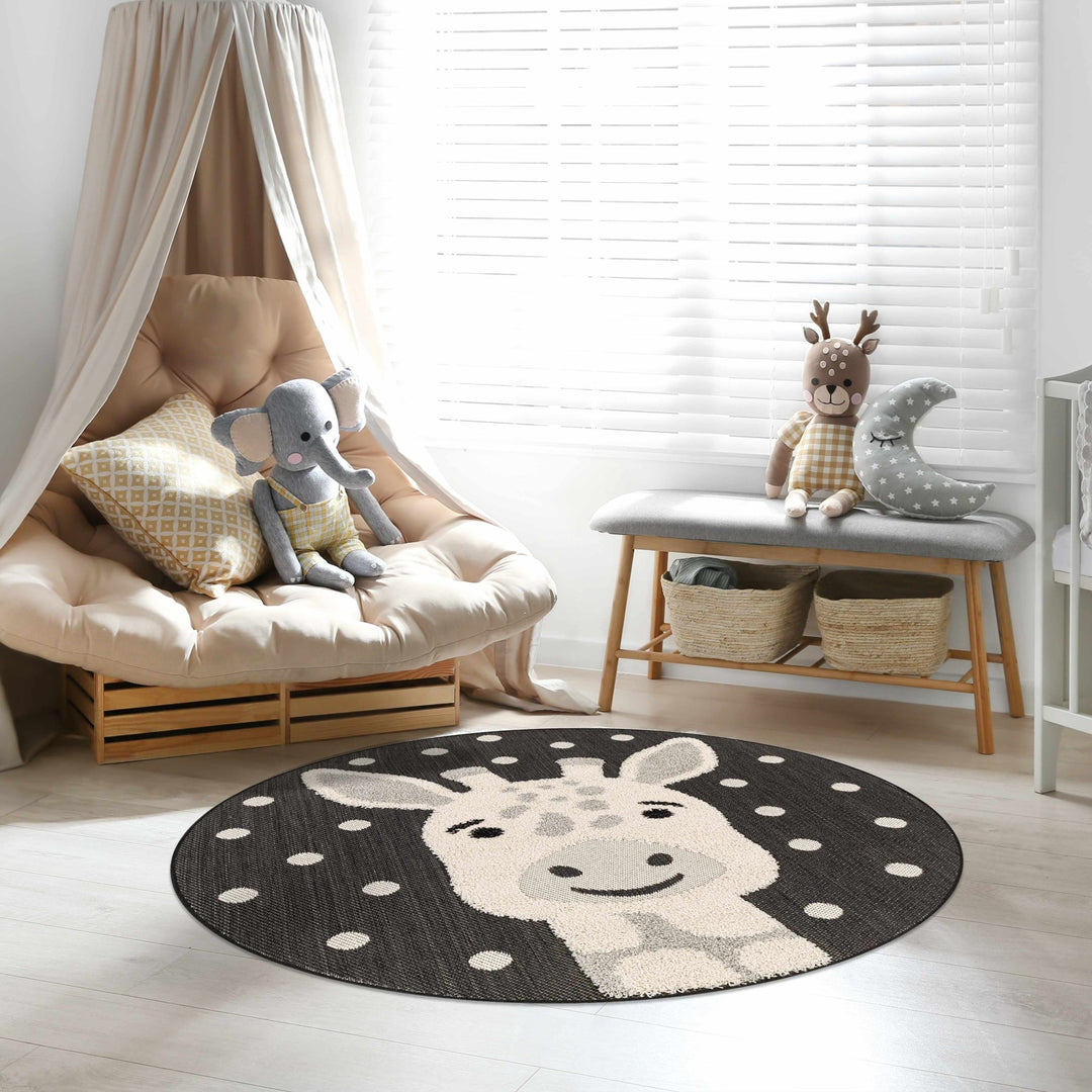 Beige, Black and Gray Kids Giraffe high low Texture Round Outdoor safe Area Rug - The Rug Decor