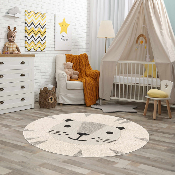 Beige, Black and Gray Kids Lion high low Texture Round Area Rug - The Rug Decor