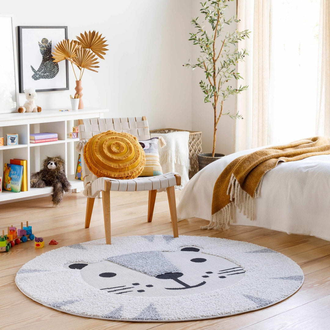 Beige, Black and Gray Kids Lion high low Texture Round Area Rug - The Rug Decor