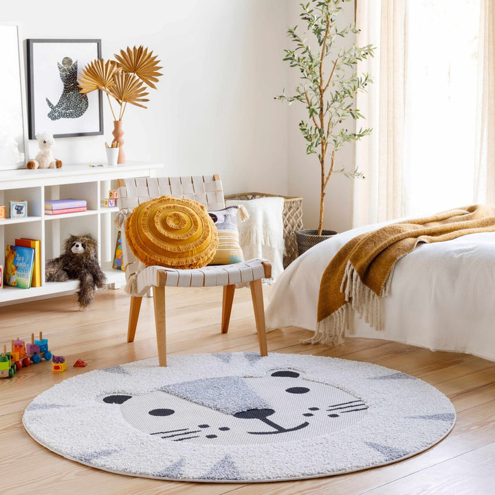 Beige, Black and Gray Kids Lion high low Texture Round Area Rug - The Rug Decor