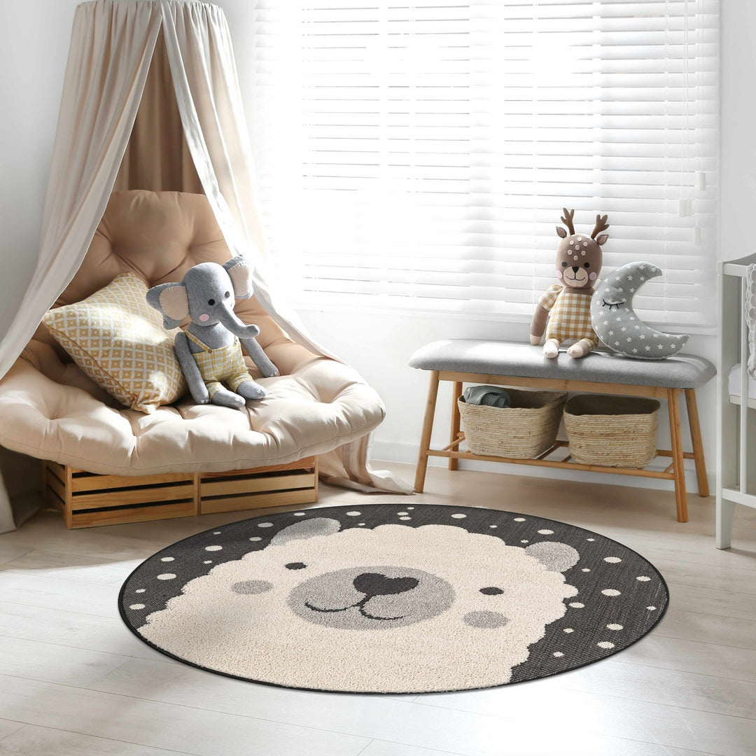 Beige, Black and Gray Kids Llama high low Texture Round Outdoor safe Area Rug - The Rug Decor