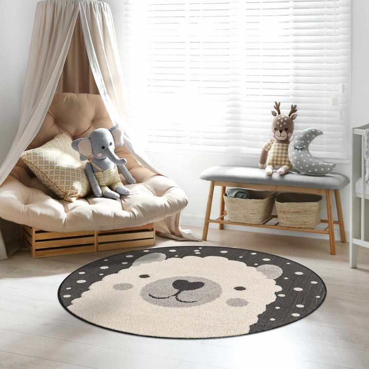 Beige, Black and Gray Kids Llama high low Texture Round Outdoor safe Area Rug - The Rug Decor