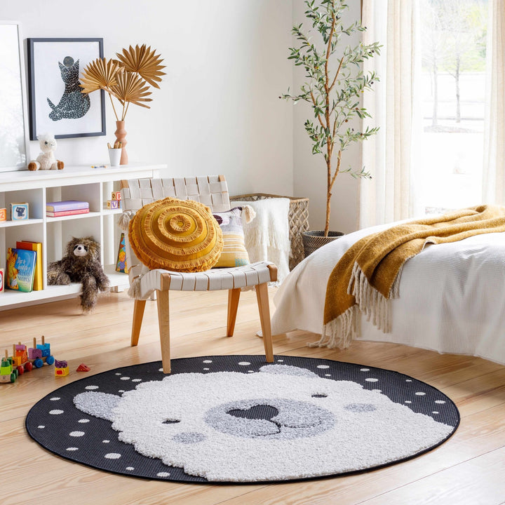 Beige, Black and Gray Kids Llama high low Texture Round Outdoor safe Area Rug - The Rug Decor