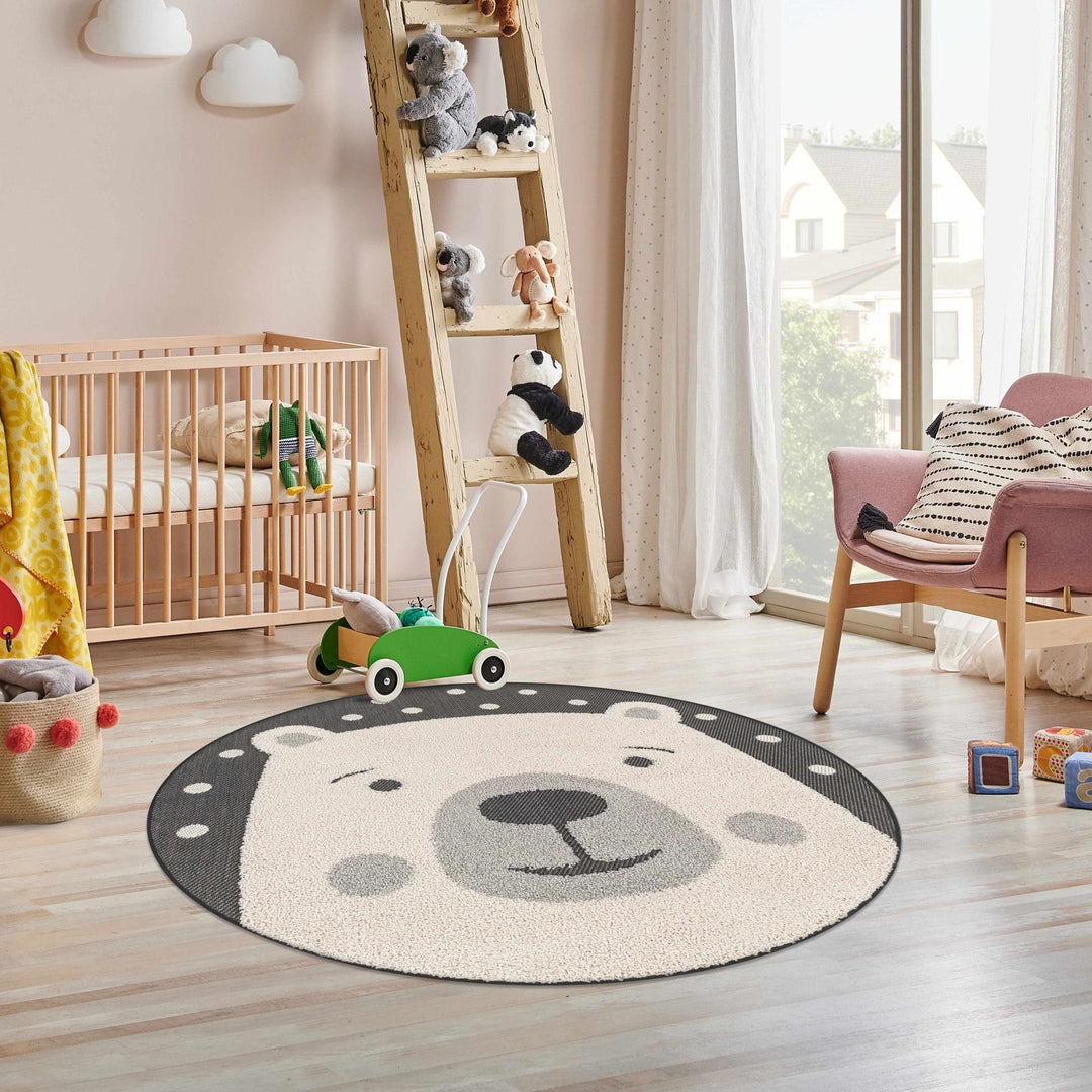 Beige, Gray and Black Kids Bear high low Texture Round Outdoor safe Area Rug - The Rug Decor