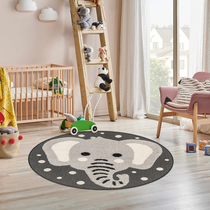 Beige, Gray and Black Kids Elephant high low Texture Round Outdoor safe Rug - The Rug Decor