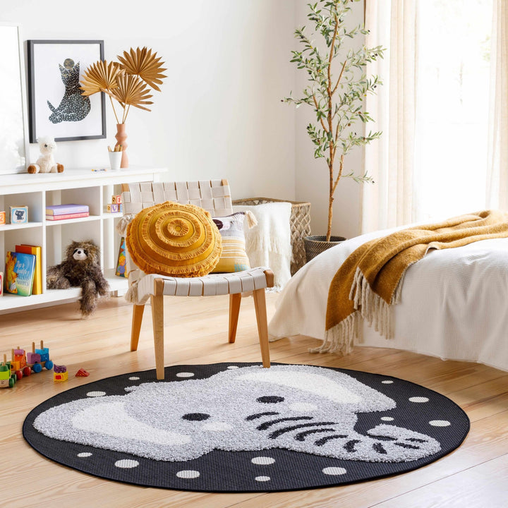 Beige, Gray and Black Kids Elephant high low Texture Round Outdoor safe Rug - The Rug Decor