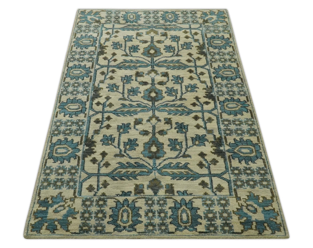 Beige, Teal and Charcoal Traditional Large Design Hand Knotted 5x8 wool Rug - The Rug Decor