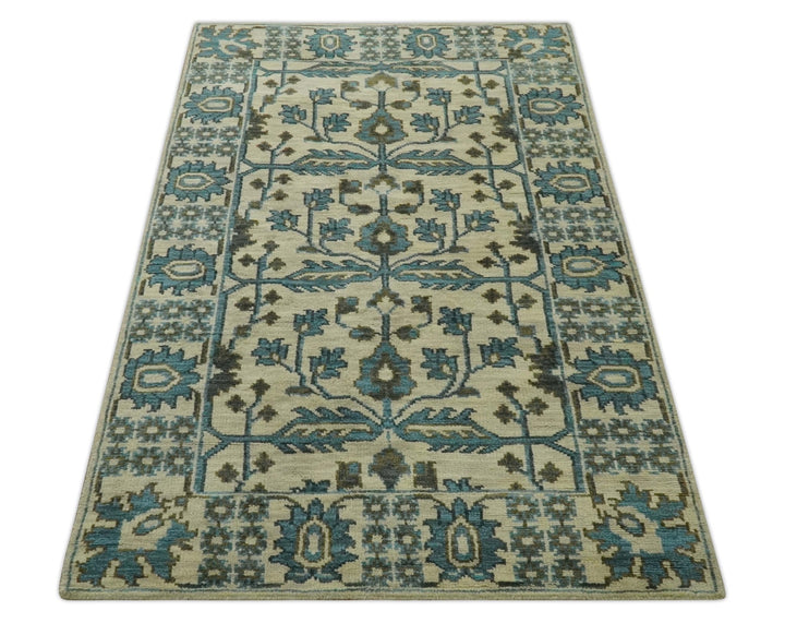 Beige, Teal and Charcoal Traditional Large Design Hand Knotted 5x8 wool Rug - The Rug Decor