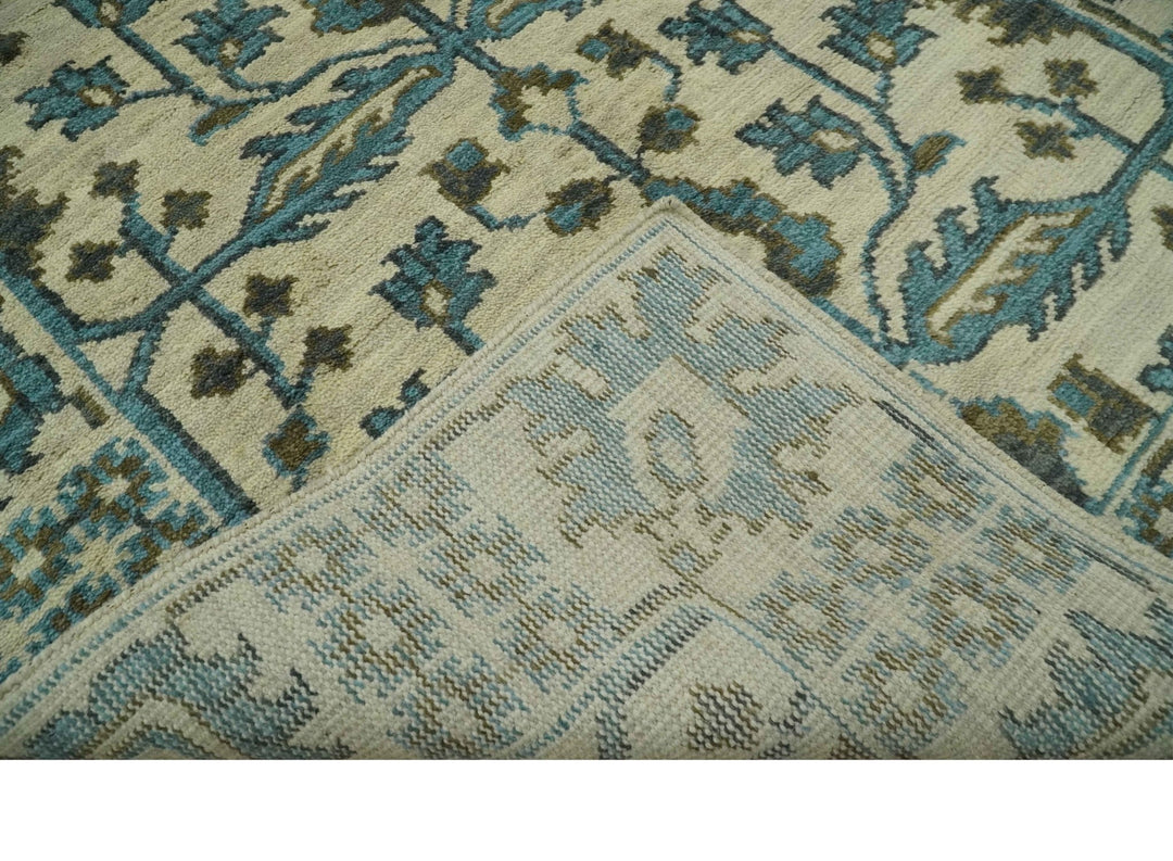 Beige, Teal and Charcoal Traditional Large Design Hand Knotted 5x8 wool Rug - The Rug Decor