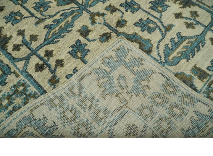 Beige, Teal and Charcoal Traditional Large Design Hand Knotted 5x8 wool Rug - The Rug Decor