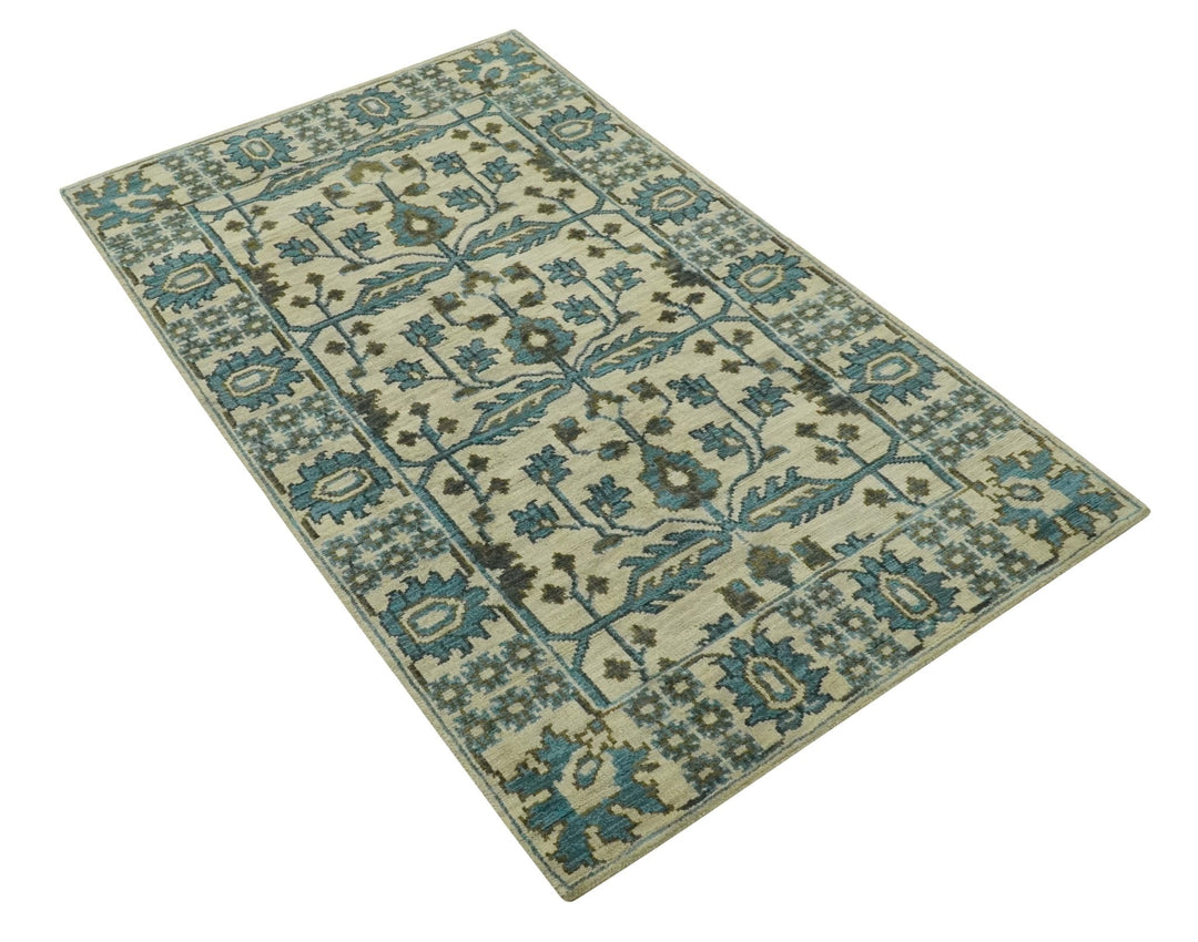 Beige, Teal and Charcoal Traditional Large Design Hand Knotted 5x8 wool Rug - The Rug Decor